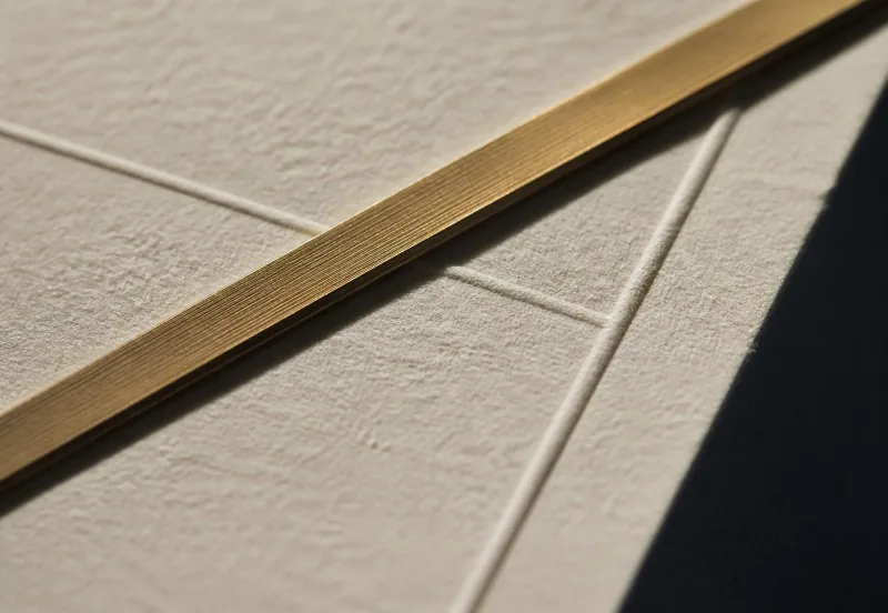 Close-up of heavy cream paper with a brushed brass edge